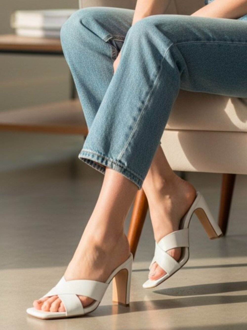 White Open-Toe Heeled Sandals With Cross-Strap Design & Square Toe By Anna